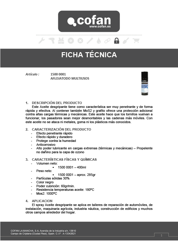 Aflojatodo Multiusos 400 Ml Ficha Técnica 1