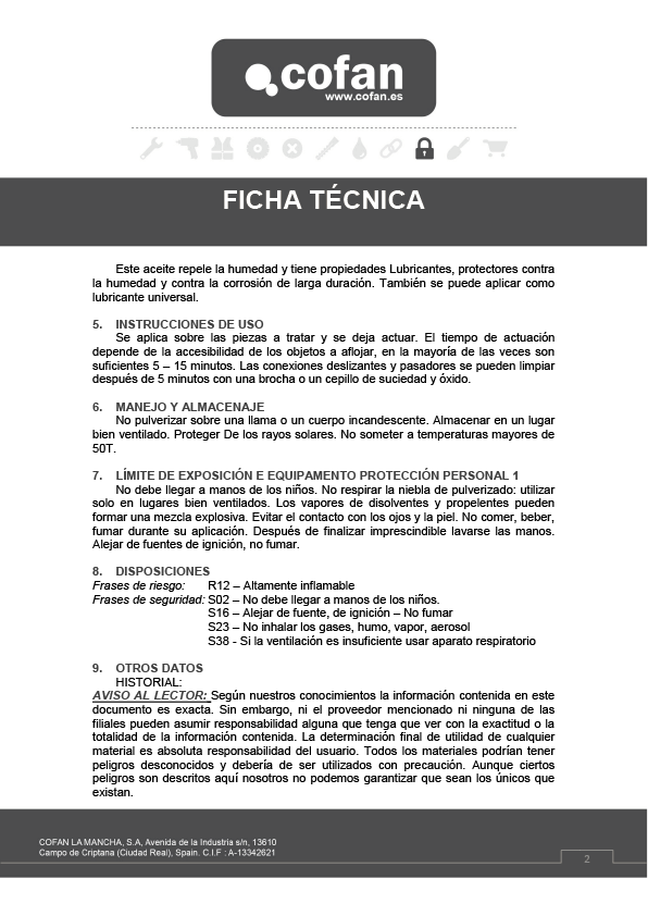 Aflojatodo Multiusos 400 Ml Ficha Técnica 2