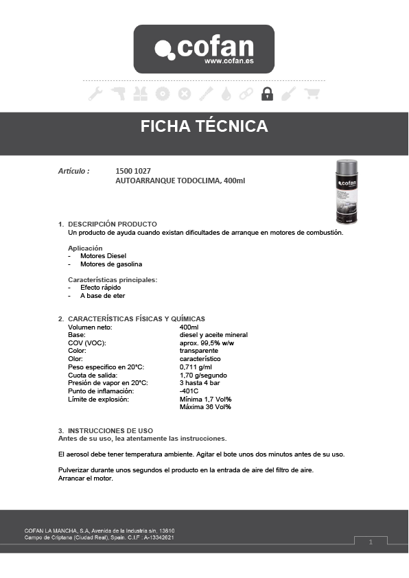 Auto Arranque 400 Ml Ficha Técnica 1