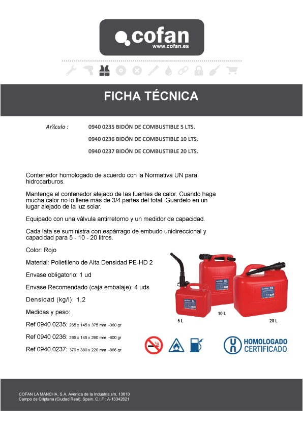 Bidón de Combustible Ficha Tecnica