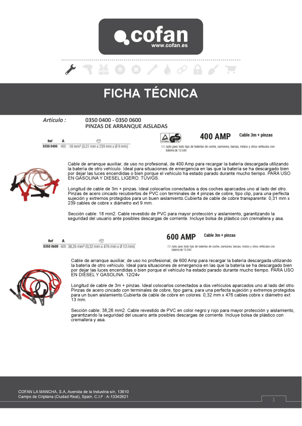 Pinzas de Arranque 600 Amp Ficha Tecnica