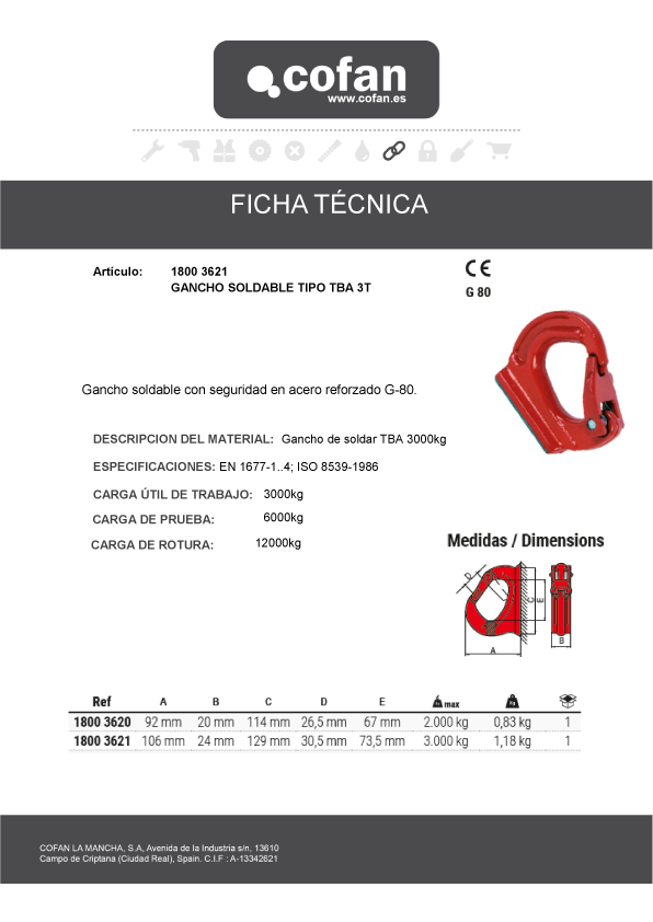 Gancho soldable Tipo TBA Ficha Técnica