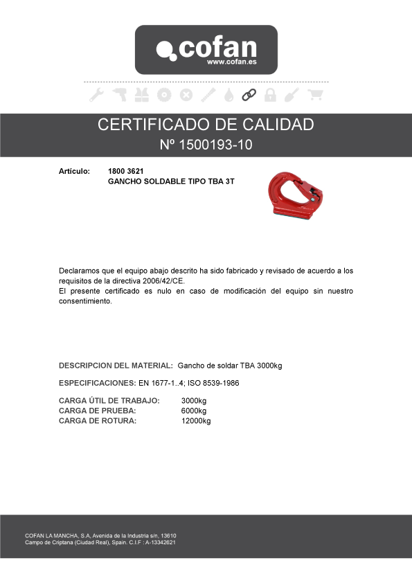 Gancho soldable Tipo TBA Certificado de Calidad