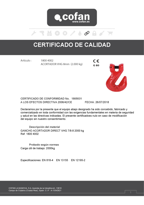 Acortador VHG 8 mm 2000 Kg Certificado de Calidad