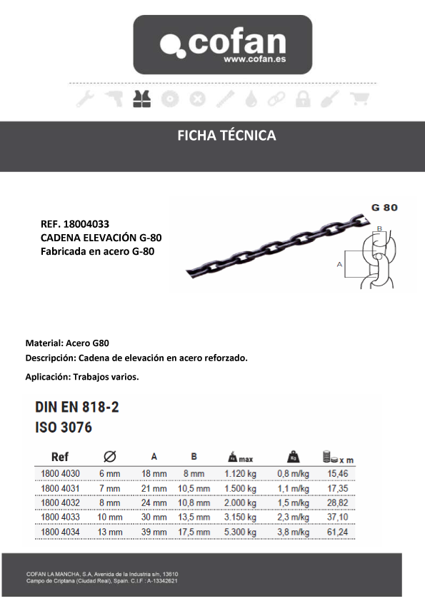 Cadena Elevación G80 M8 Ficha Técnica