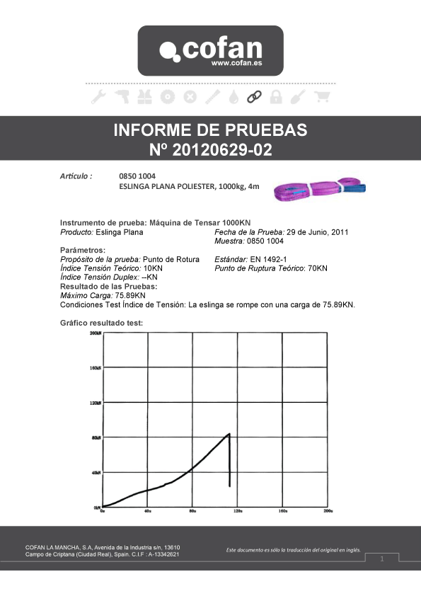 Eslinga Poliéster Lila 1000 Kg Informe de Pruebas 2