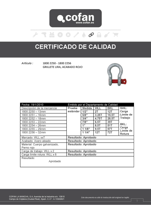 Grillete Lira Galvanizado Certificado de Calidad