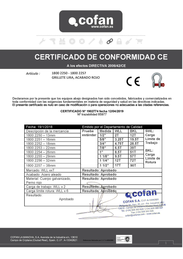 Grillete Lira Galvanizado Certificado de Conformidad