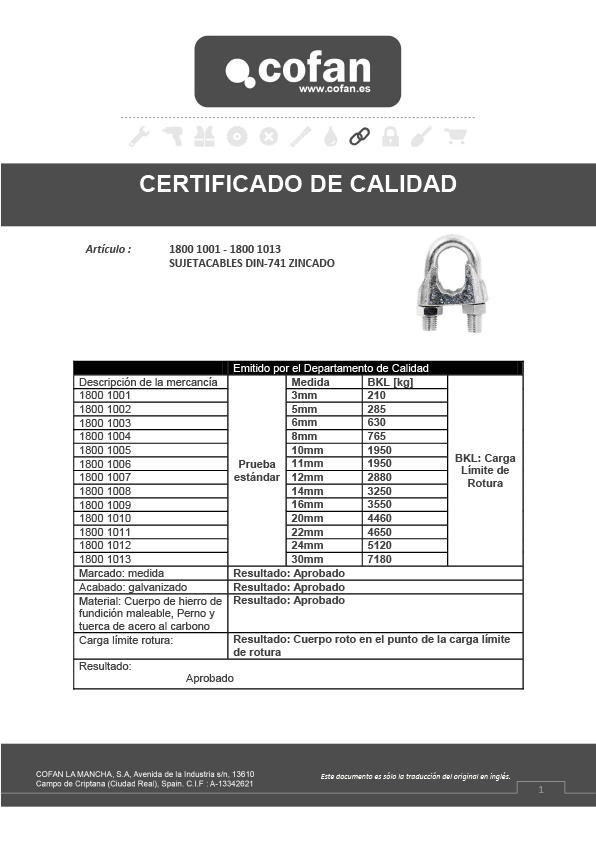 Sujetacables DIN-741 Zincado Certificado de Calidad 1