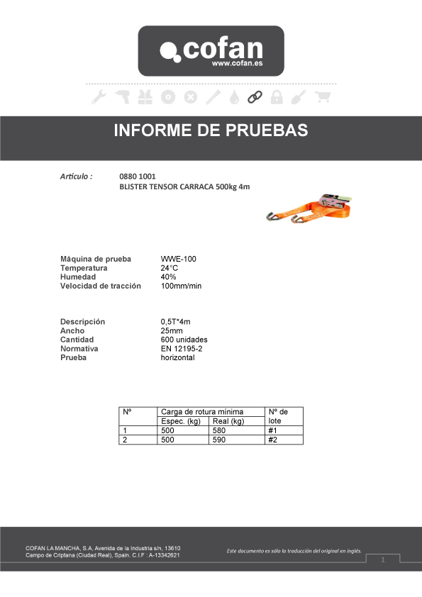 Tensor Carraca 4 mt Informe de Pruebas