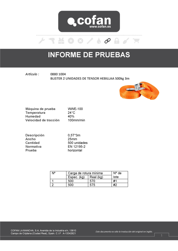 Tensor Hebilla 500 kg 3mt Informe de Pruebas