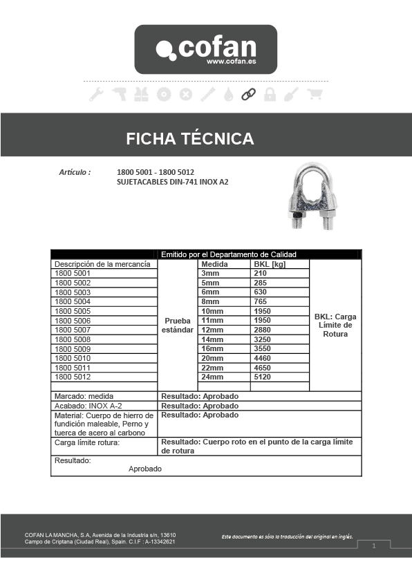 Sujetacables Inox M-3 Ficha Técnica 1