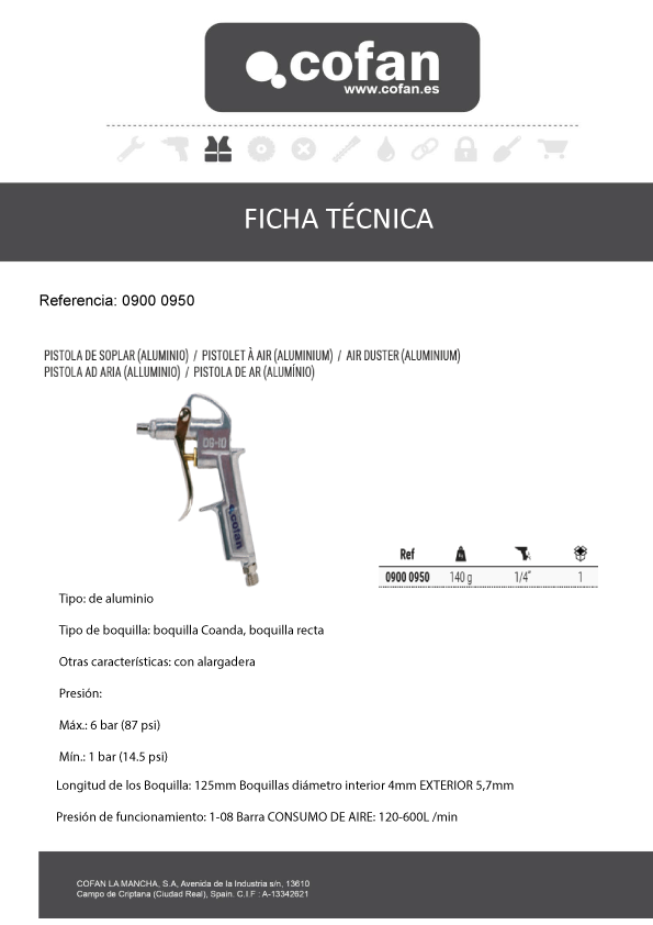 Pistola Soplar 110 mm Ficha Tecnica