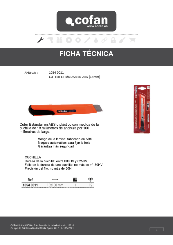 Cutter Standar en ABS 18 mm Ficha Técnica