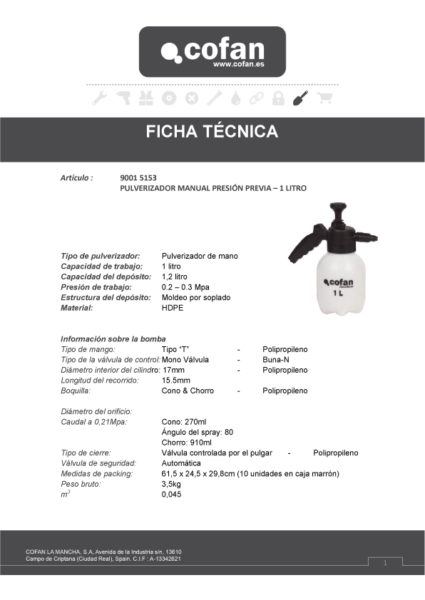 Pulverizador Manual de Presión Previa Ficha Técnica 1L