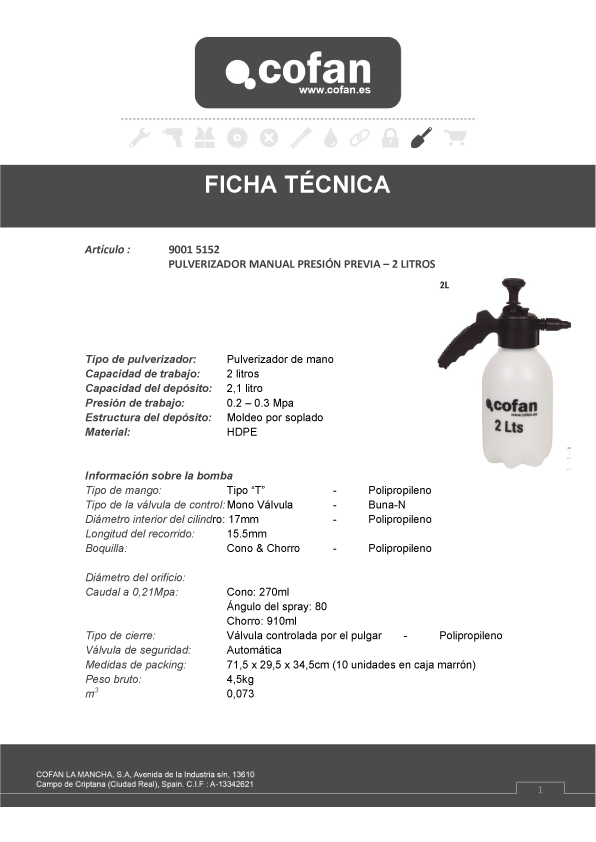 Pulverizador Manual de Presión Previa Ficha Técnica 2L