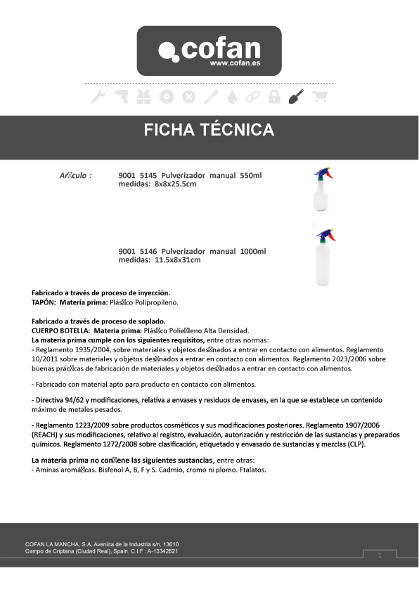 Pulverizador manual 1000 ML Ficha Técnica