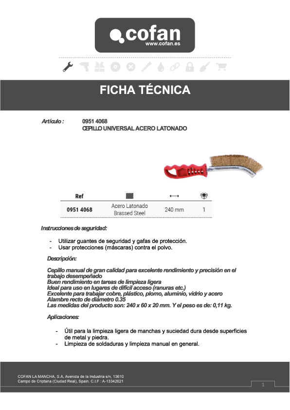 Cepillo Universal de Acero Latonado Ficha Técnica