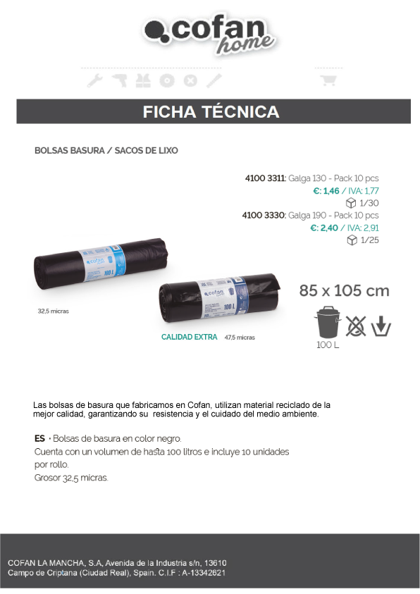 Bolsas de Basura Ficha Técnica 100L