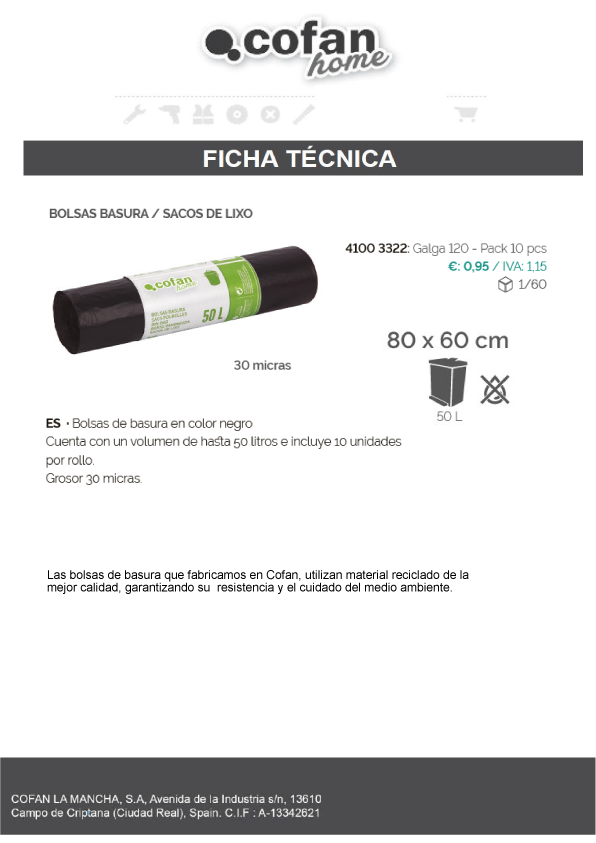 Bolsas de Basura Ficha Técnica 50L