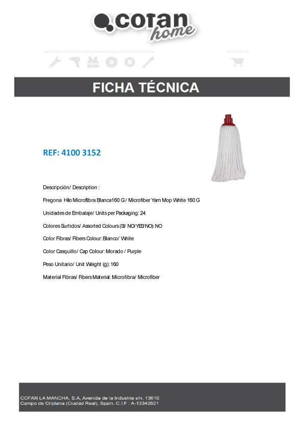 Fregona Hilo Microfibra Blanca 160gr Ficha Técnica