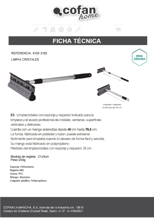 Limpia Cristales Extensible con Esponja y Raspador
 Ficha Técnica