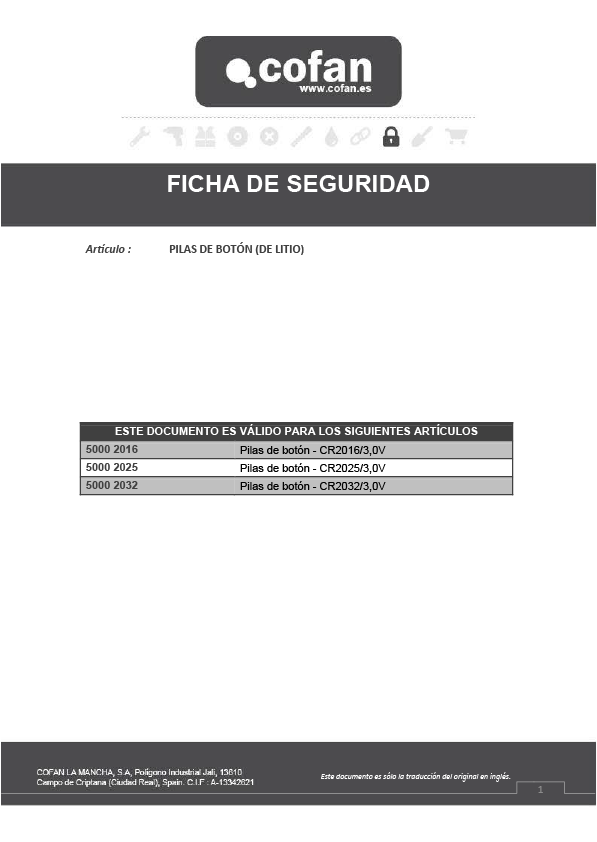 Pila Boton CR2025 Hoja de Seguridad 1