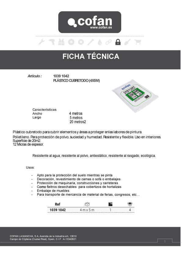 Plástico Cubretodo 4x5 mt 12 μ Ficha Tecnica