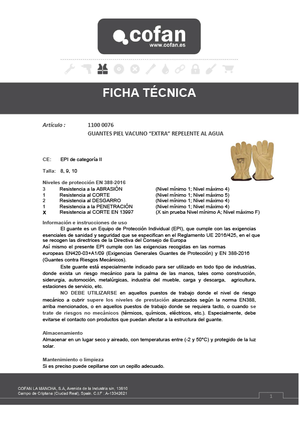 Guantes piel vacuno extra-resistente Ficha Técnica