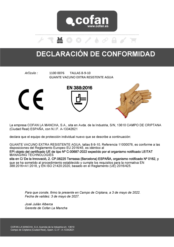 Guantes piel vacuno extra-resistente Declaración de Conformidad