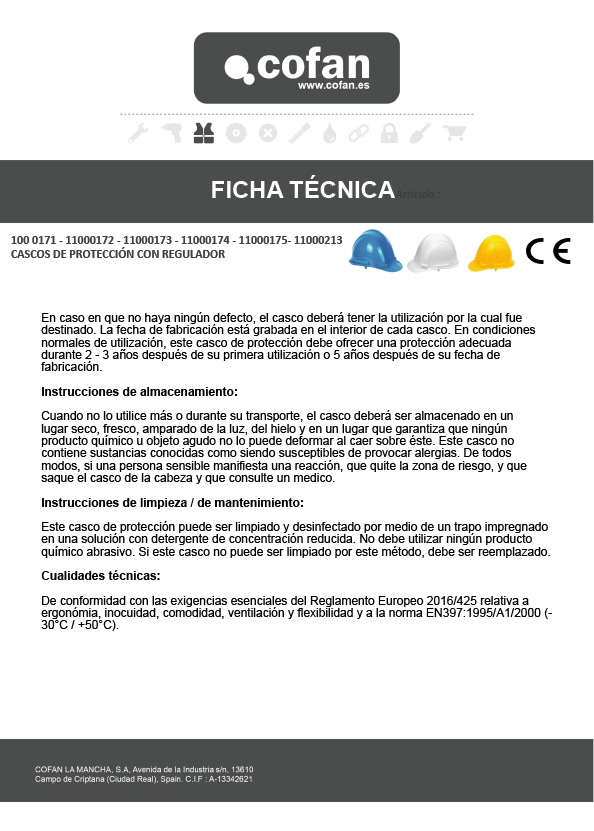 Casco de Seguridad con regulador Ficha Técnica 2