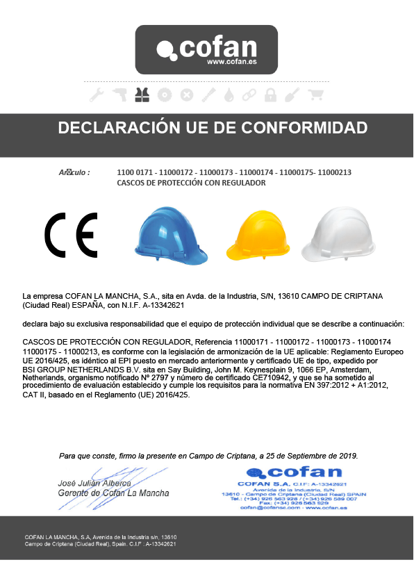 Casco de Seguridad con regulador Declaración de Conformidad