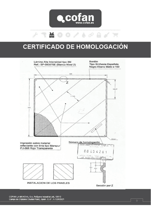 Placa V-20 Carga sobresaliente 500x500 Certificado de Homologación 1