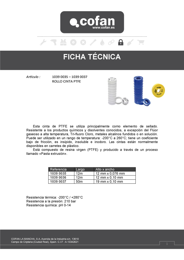 Rollo Teflón PTFE  Ficha Técnica