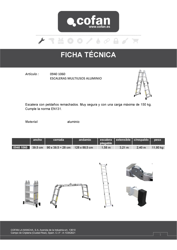 Escalera multiusos aluminio 4x3 peldaños 3,25 mts Ficha Técnica