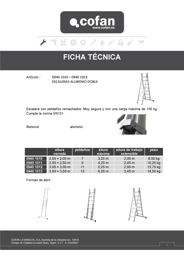 Escalera Aluminio Doble 11 Peldaños 3 + 3 mt Ficha Técnica