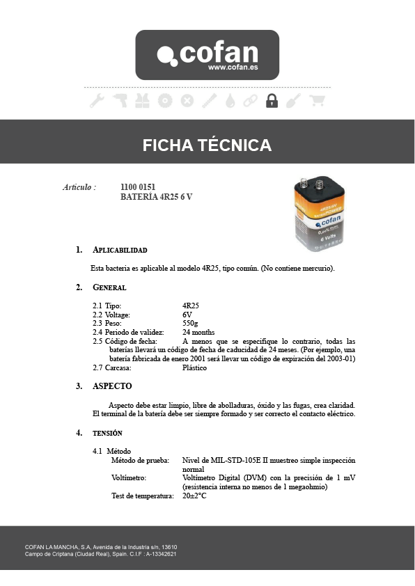 Pila 4R25 6V Ficha Técnica 1