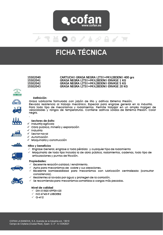 Cartucho de Grasa Negra Litio + Molbdeno 400 Gramos Ficha Técnica 1