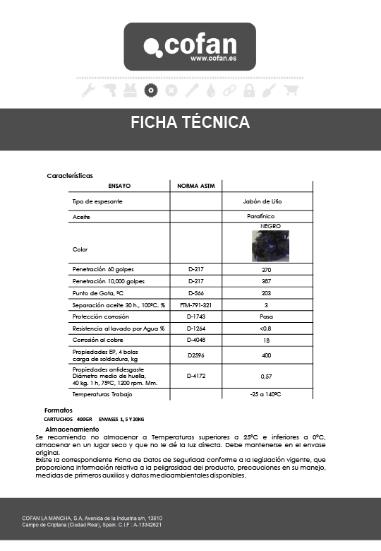 Cartucho de Grasa Negra Litio + Molbdeno 400 Gramos Ficha Técnica 2