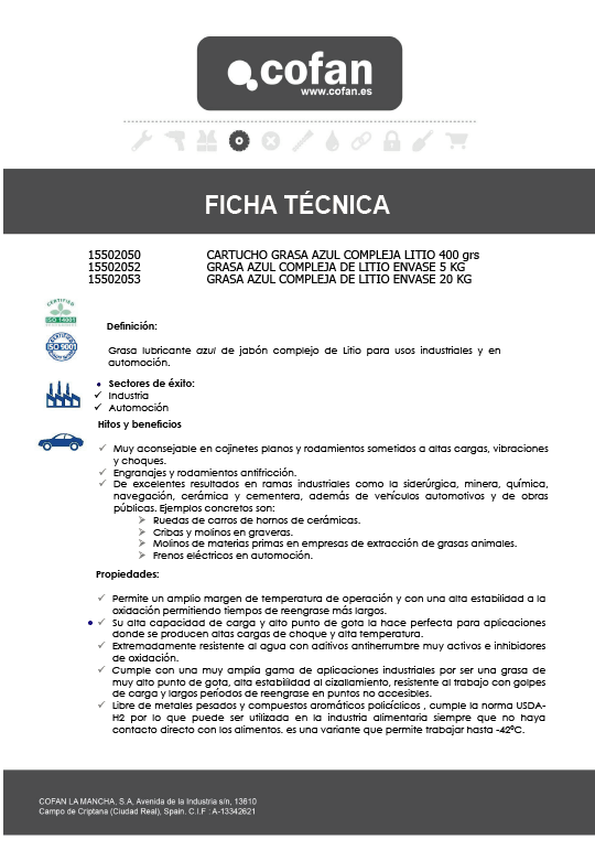 Cartucho de Grasa Azul Litio Altas Temperaturas 400 Gramos Ficha Técnica 1