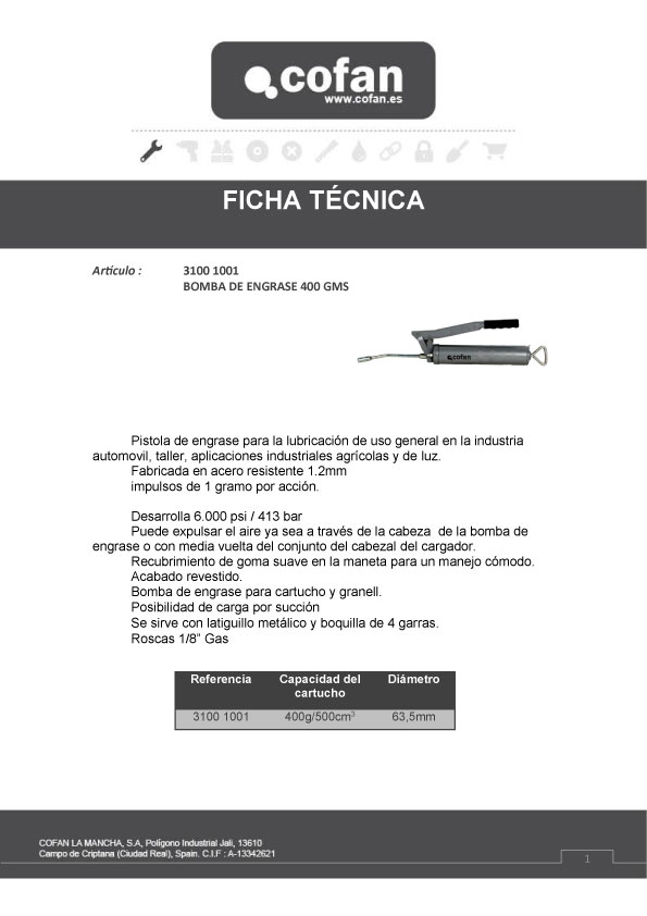 Bomba de Engrase Estándar Ficha Técnica