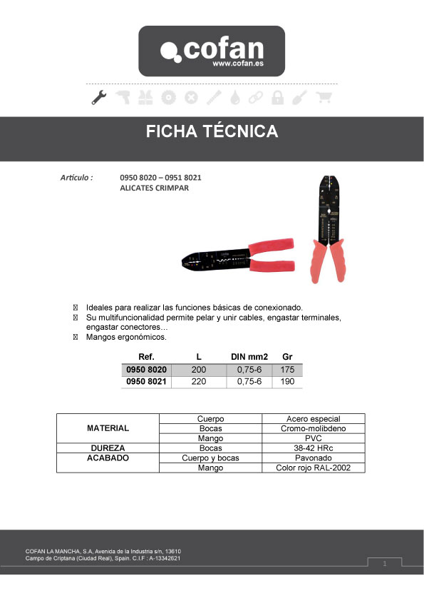 Alicate de Crimpar 220 mm Ficha Técnica