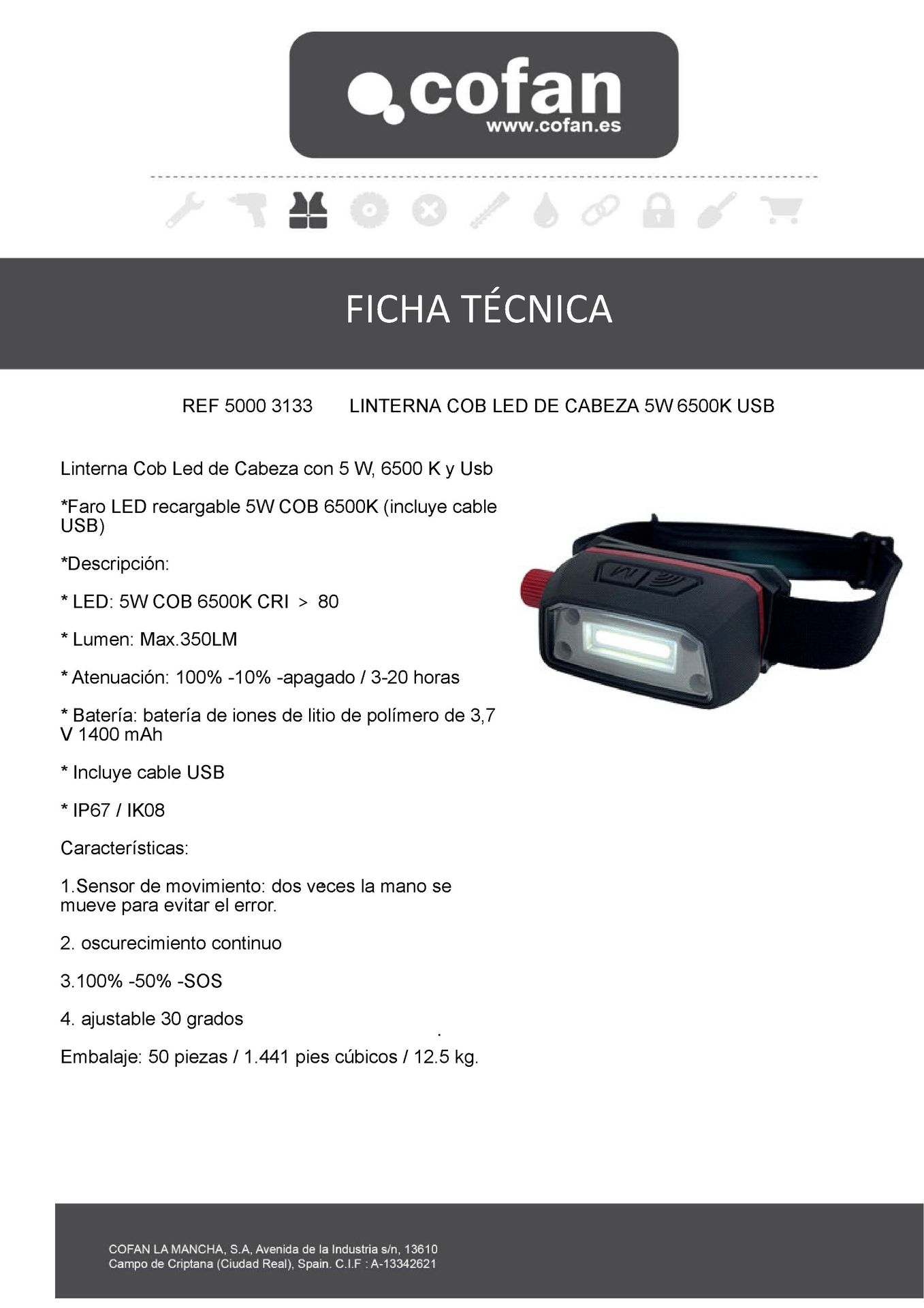 Linterna Frontal Led 5 W USB