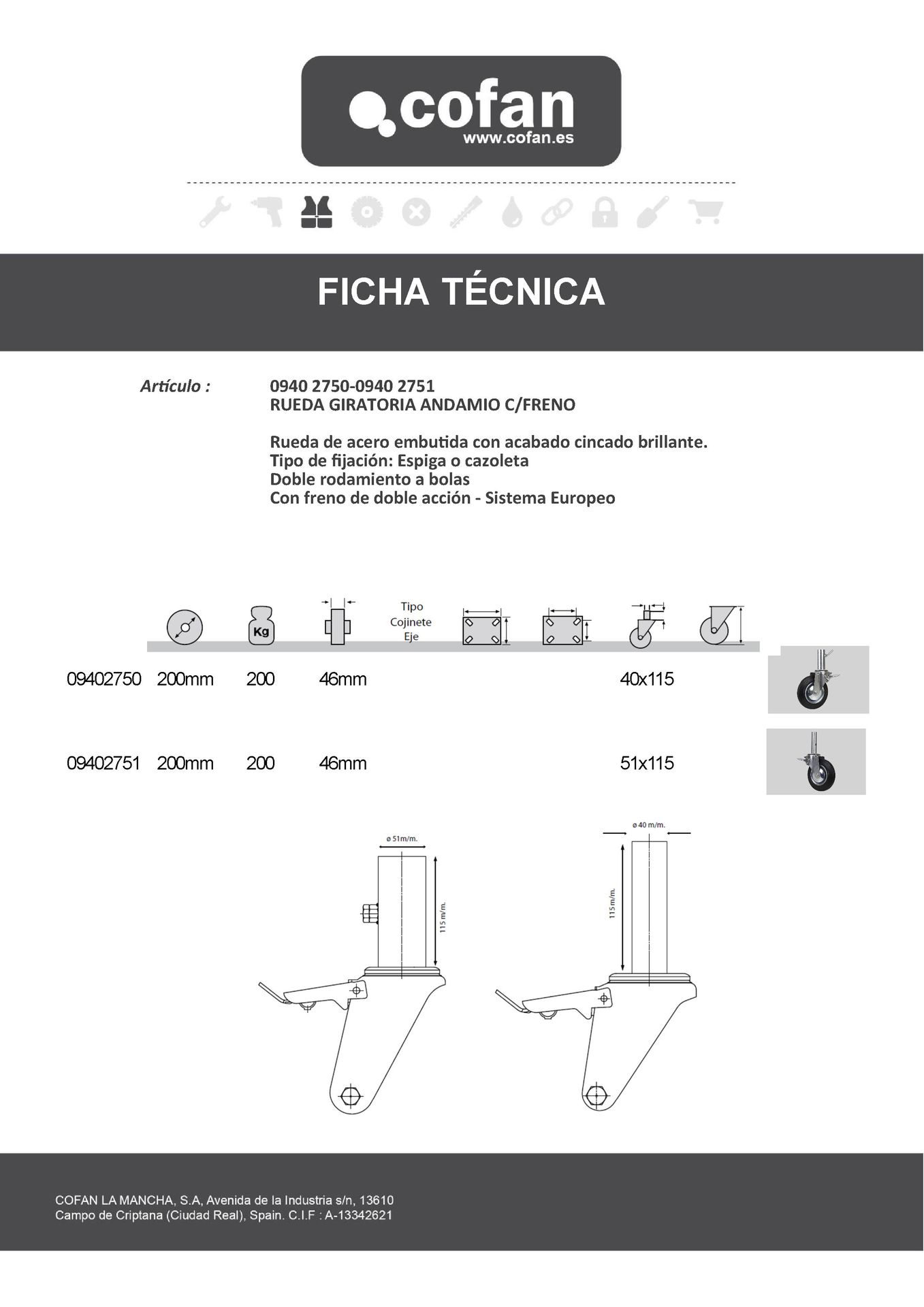 Rueda Giratoria de Andamio con Freno Tubo Hembra