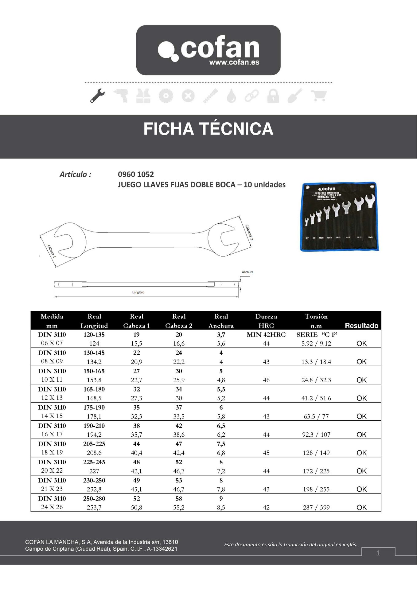 Set de 12 Llaves Fijas Ref. 09601053