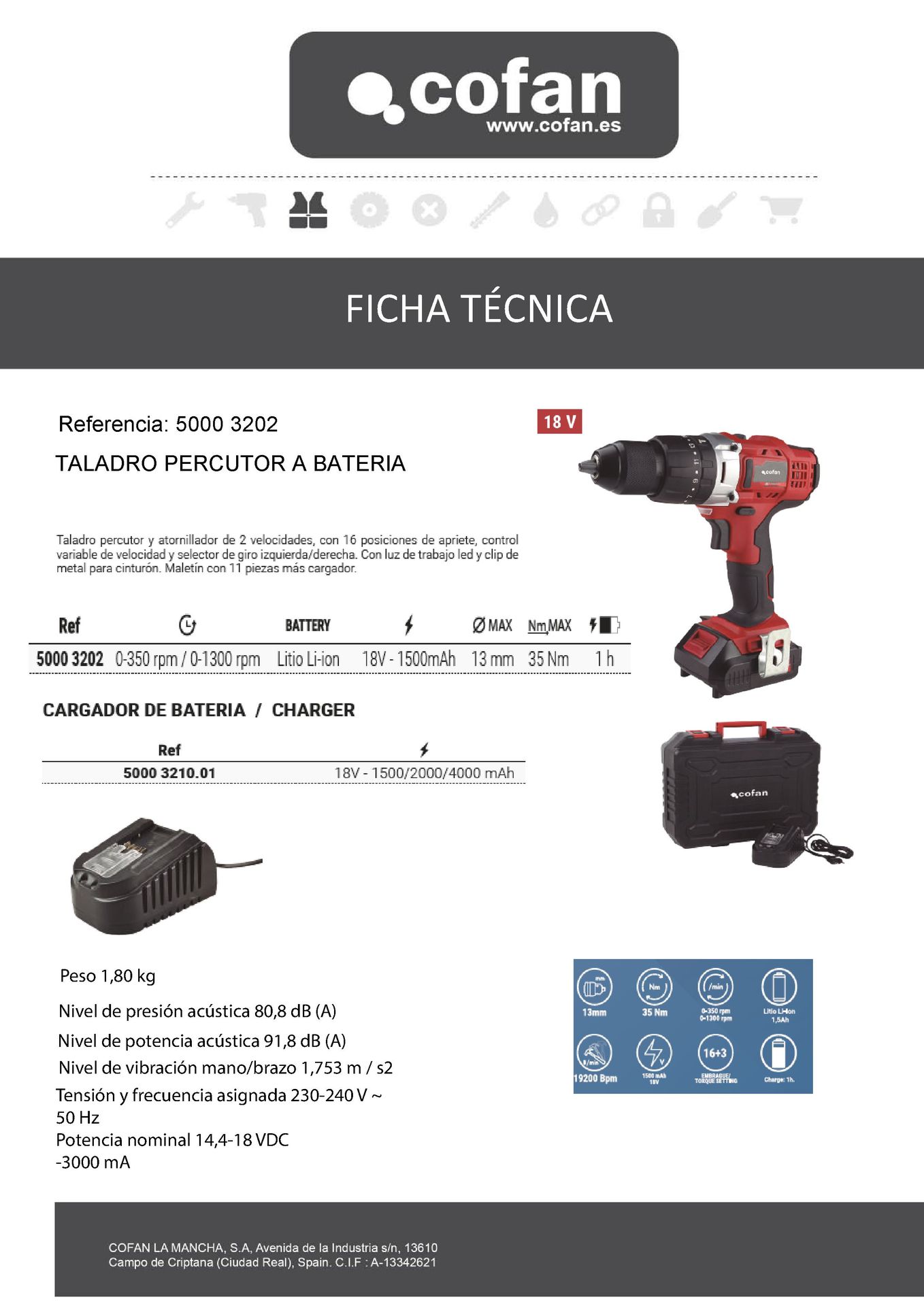 Ficha Técnica de Taladro Percutor a Batería 18 V Ref. 50003202