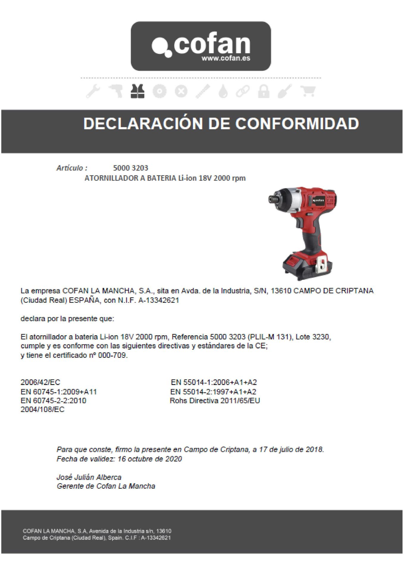 Ficha Técnica de Atornillador a Batería Li-Ion 18 V Ref. 50003203