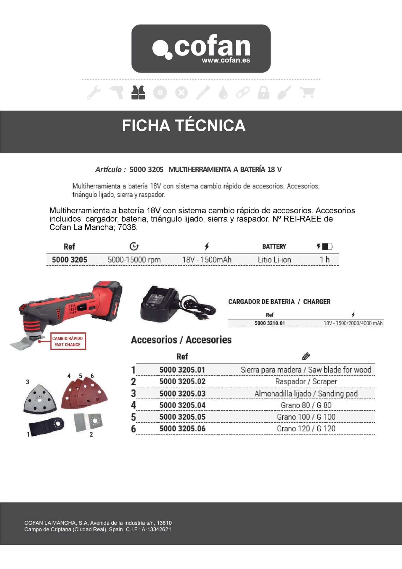 Ficha Técnica de Multiherramienta a Batería Li-Ion 18 V Ref. 50003205