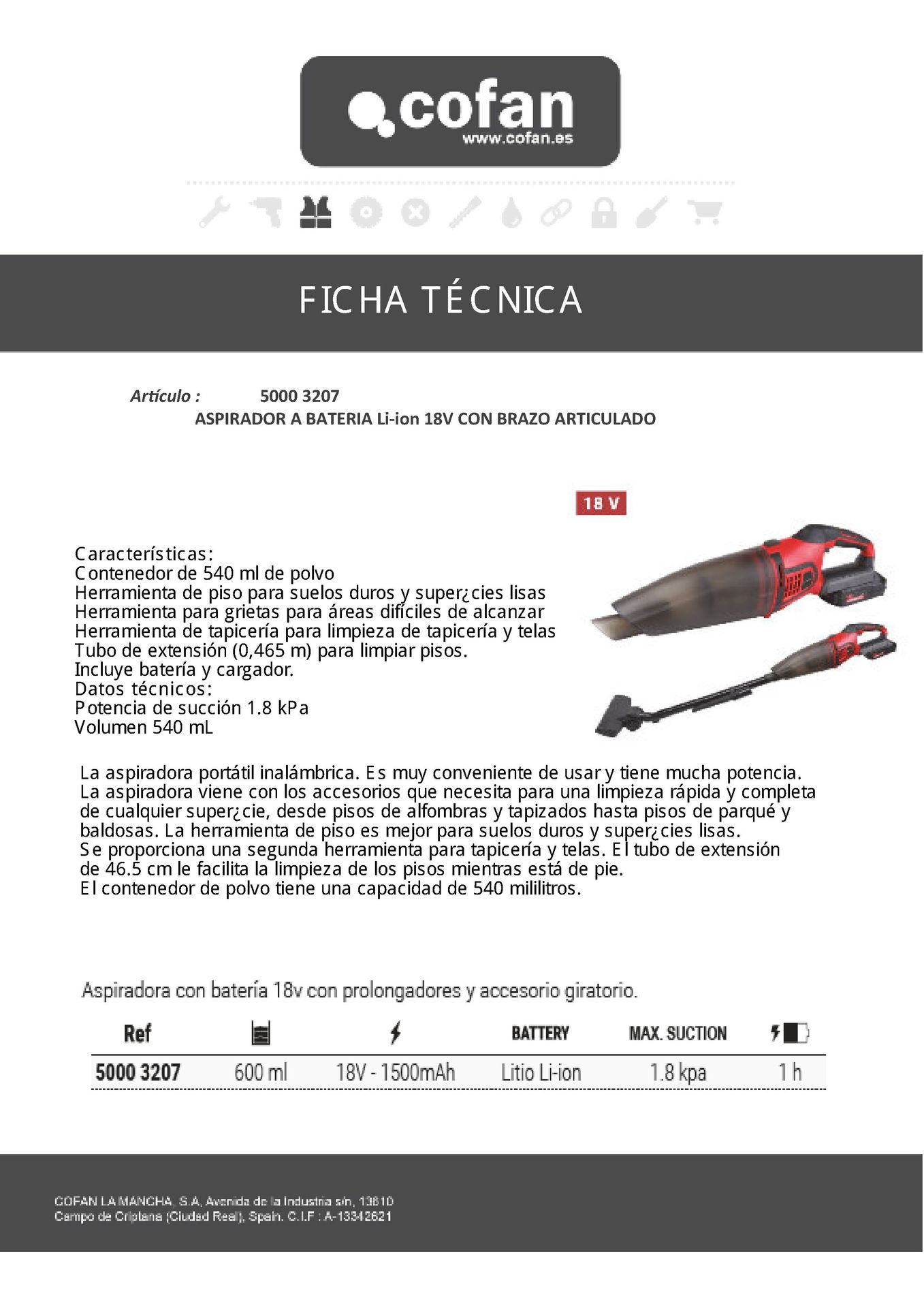 Ficha Técnica de Aspirador a Batería Li-Ion 18 V Brazo Articulado Ref. 50003207