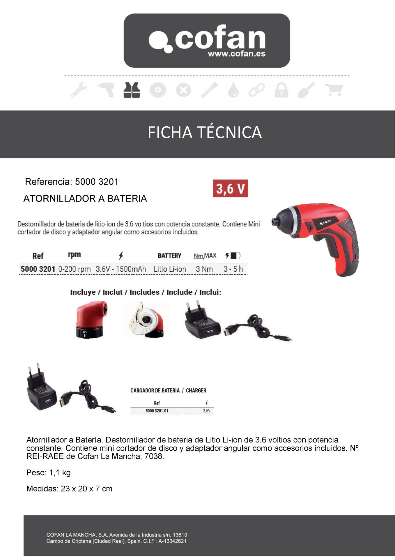 Ficha Técnica de Atornillador a Batería Li-Ion 3,6 V Ref. 50003201